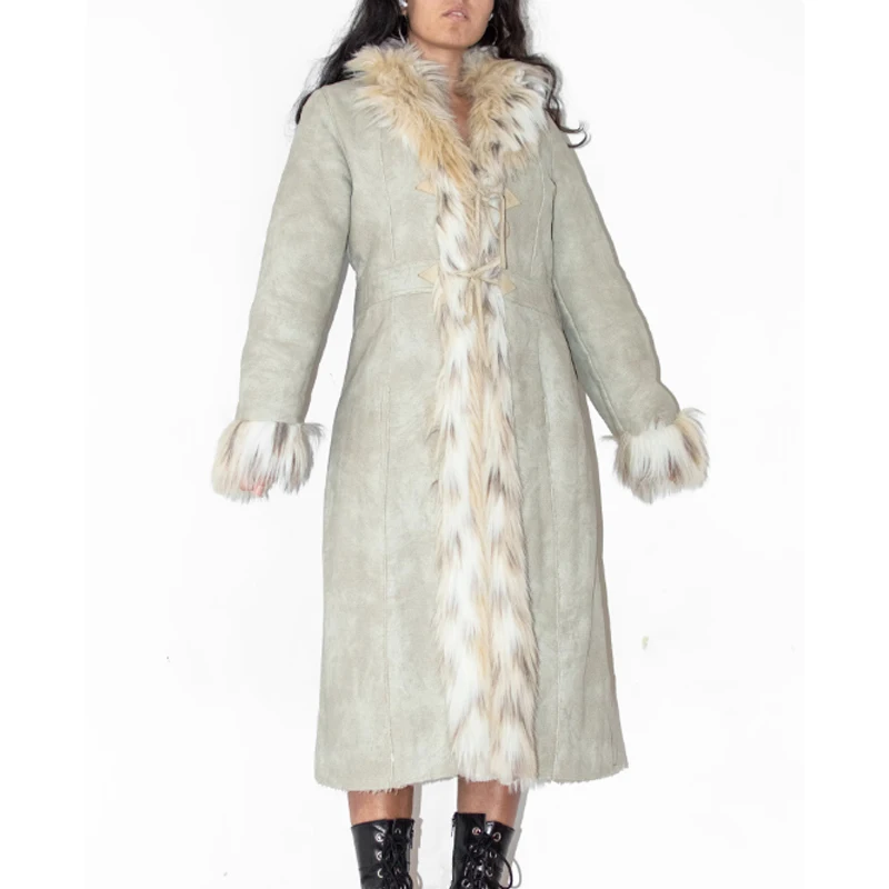 Y2K Vintage Boho Hippie Fur Lined Long Coat for Women – Casual