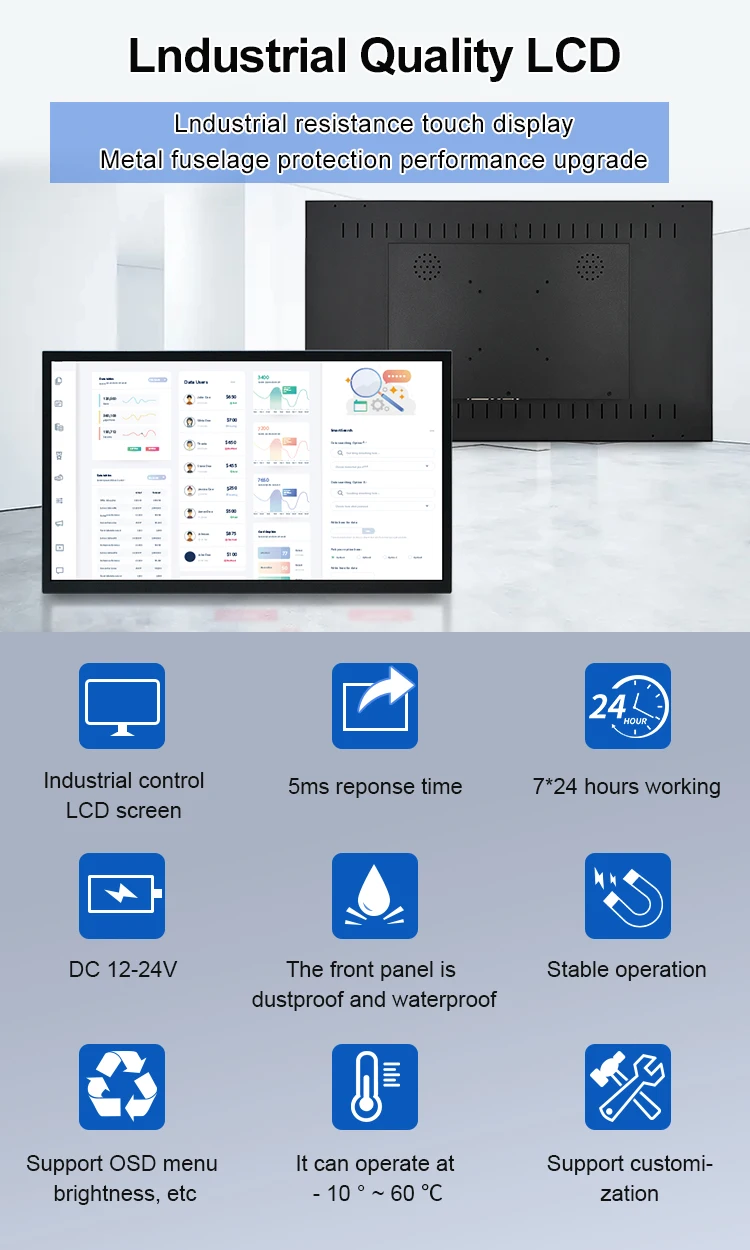 New 23.6 Inch Industrial LCD Monitor VESA Wall Mounted Resistive Touch Screen Display HD-MI DVI VGA USB 1080