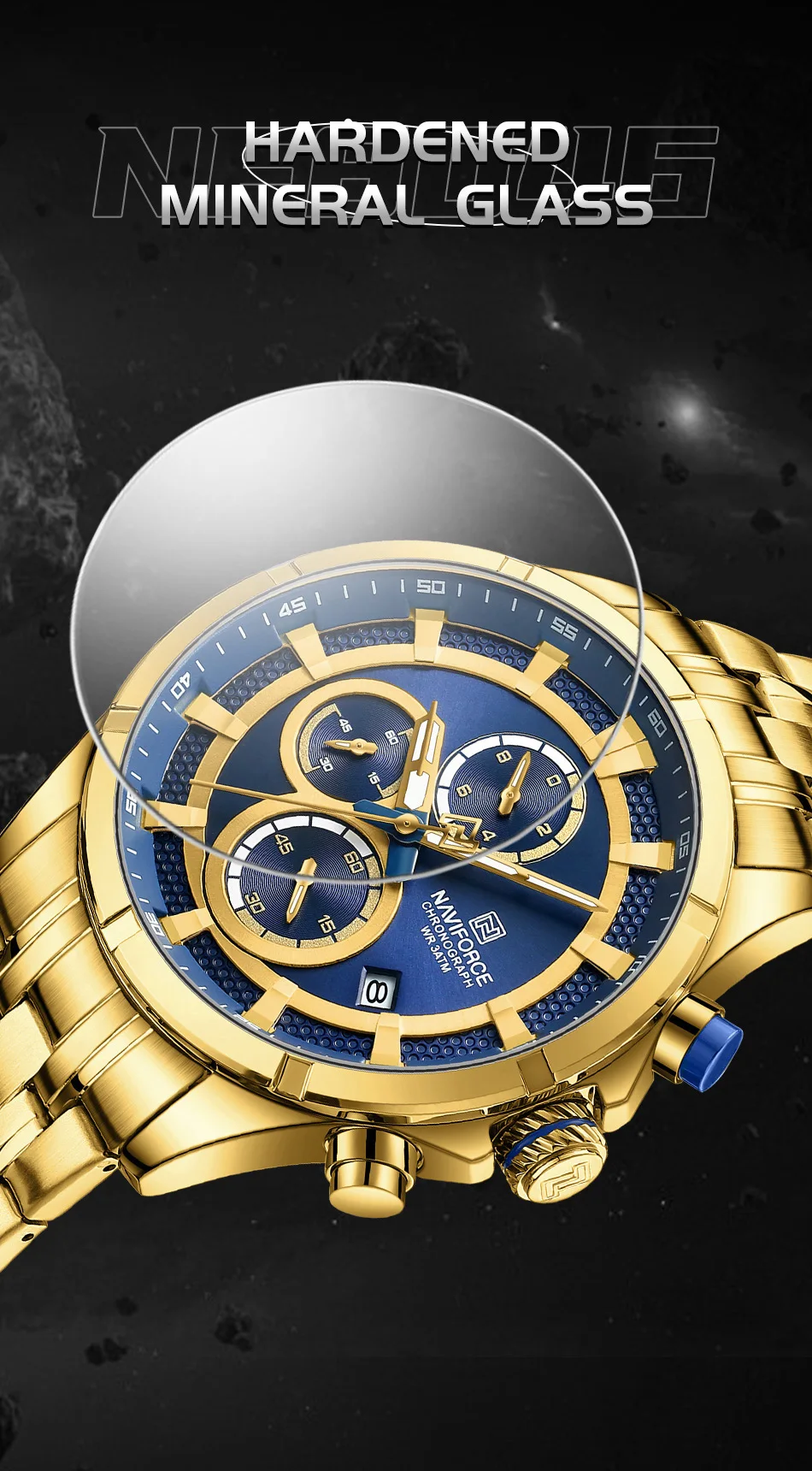 NAVIFORCE 8046 GBEG Custom Quartz Chronograph Design Wrist Watches Blue Dial with Gold Stainless Steel Band Men Watch