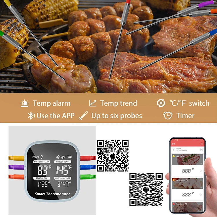 Smart Wireless Food Thermometer Blue Tooth App 164ft With Alarm Timer ...