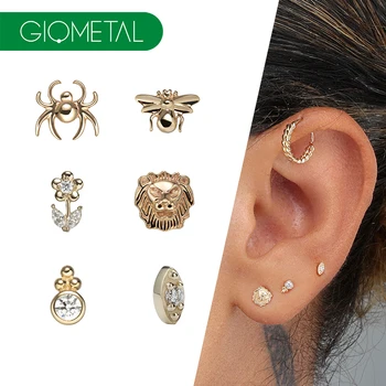 Giometal Luxury 14K Solid Gold Piercing 25g Press Fit Spider Bee Snake Flower Lion Threadless Conch Daith Ends Nose body Jewelry