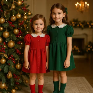 Factory Wholesale Red Christmas Dress for Girls Kids Party Outfit with Lace Collar & Puff Sleeves OEM/ODM Children Clothing