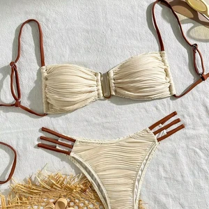 Sexy Cutout Bikini Set for Women U-Shaped Metal Ring Connection Solid Color Two Piece Breathable Thongs Swimsuit Beach Swimwear