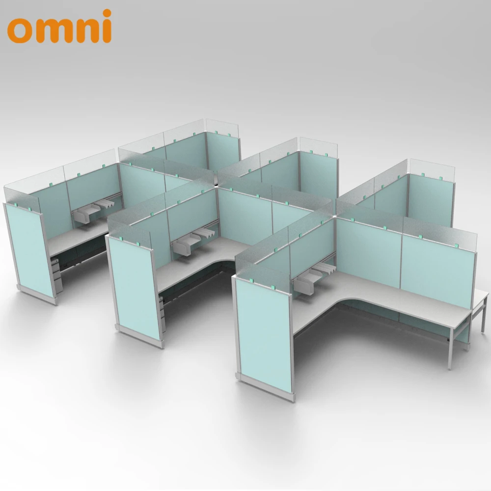 OMNI Modern 3-Seat Modular Open Plan Call Center Office Staff Cubicles Workstation Desk L-Shape Expandable Adjustable Aluminium
