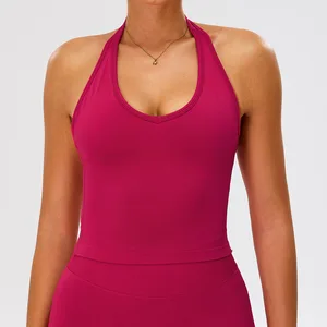 Fashionable Wholesale Women's Sportswear Sleeveless Halter Tank Top V-neck Breathable Gym Spandex/Nylon Skinny Fit Front Logo