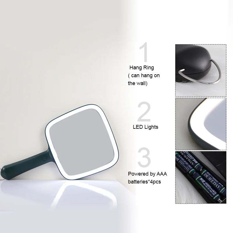 Красота Портативный Ручной Логотип Пользовательский компактный макияж светодиодный свет маленькая ручная ручка ручное зеркало с подсветкой