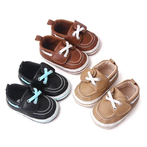 Comfortable Soft-soled PU Leather Top Solid Color Shoelaces Decorate Baby Spring and Autumn Shoes for Boys