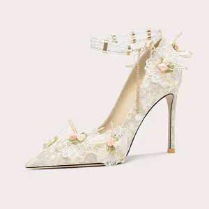 Elegant Luxury Female Pumps with Pearls Crystal Sequins Wrap-Toe for Women Thin Heels Wedding Shoes for Spring