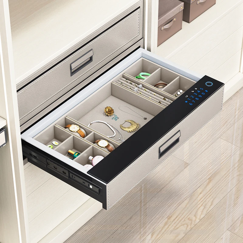 HNOSS Leather Password Fingerprint Safe Box Wardrobe Hidden Sliding Jewelry Drawer Safe Box