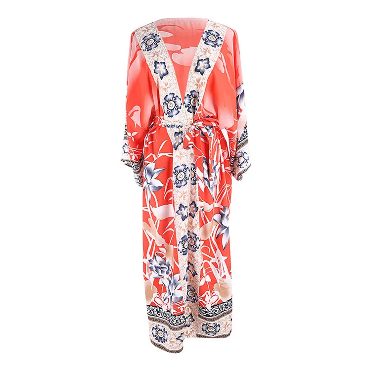 Пляжное винтажное цветочное праздничное бикини, Свободное длинное женское кимоно, кимоно, кардиган для женщин