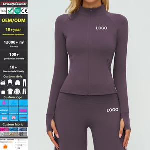Custom Fabric Style Color Logo Quick Dry Brushed Full-Zip Yoga Jacket Women Running Fitness Workout Long Sleeve Slim-Fit Top