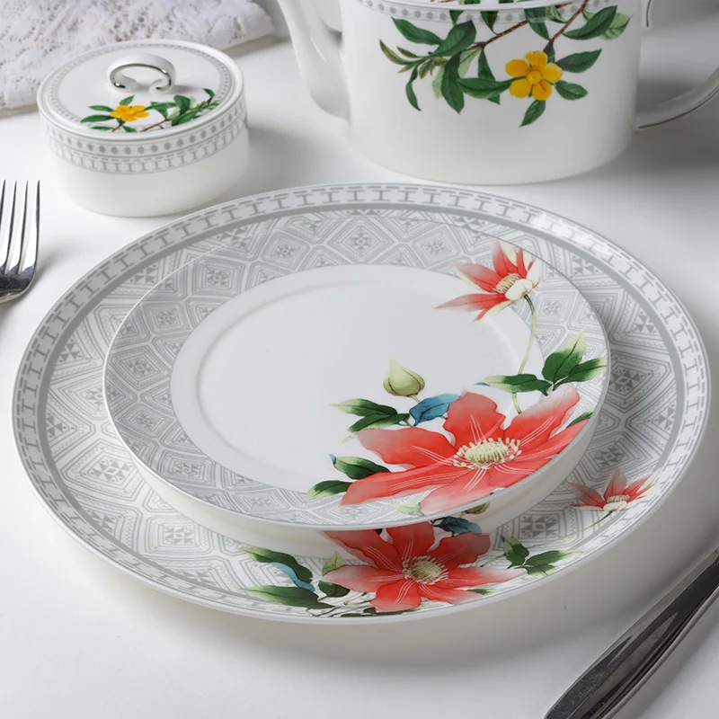Bone Porcelain White Tableware Embossed BoneChina 48 Pcs Dinner Set Ceramic Tableware Porcelain Plates With Security Certificate