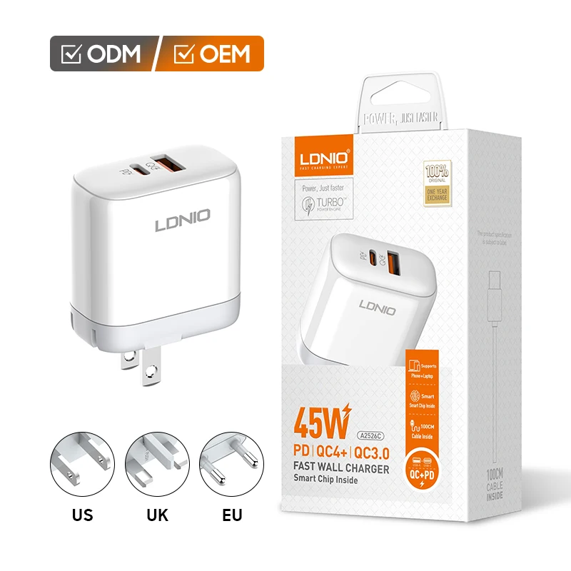 LDNIO A2526C US UK EU Plug PD 45W Charger Type C Mobile Phone Fast Charging Wall Charger