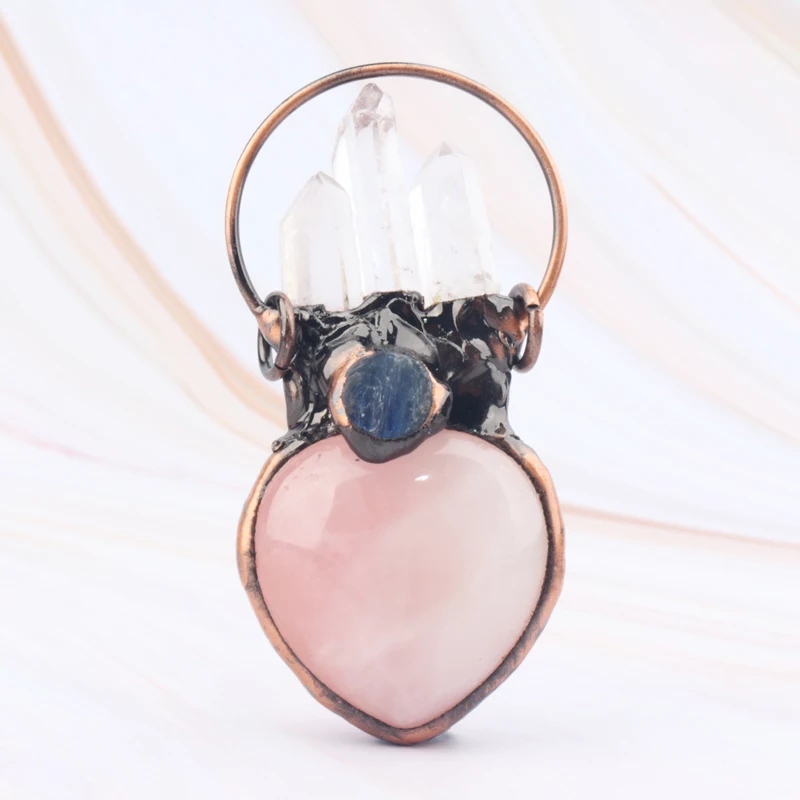 Wholesale Natural Crystal Healing Stone Rose Quartz Heart With Copper Pendant for Decoration