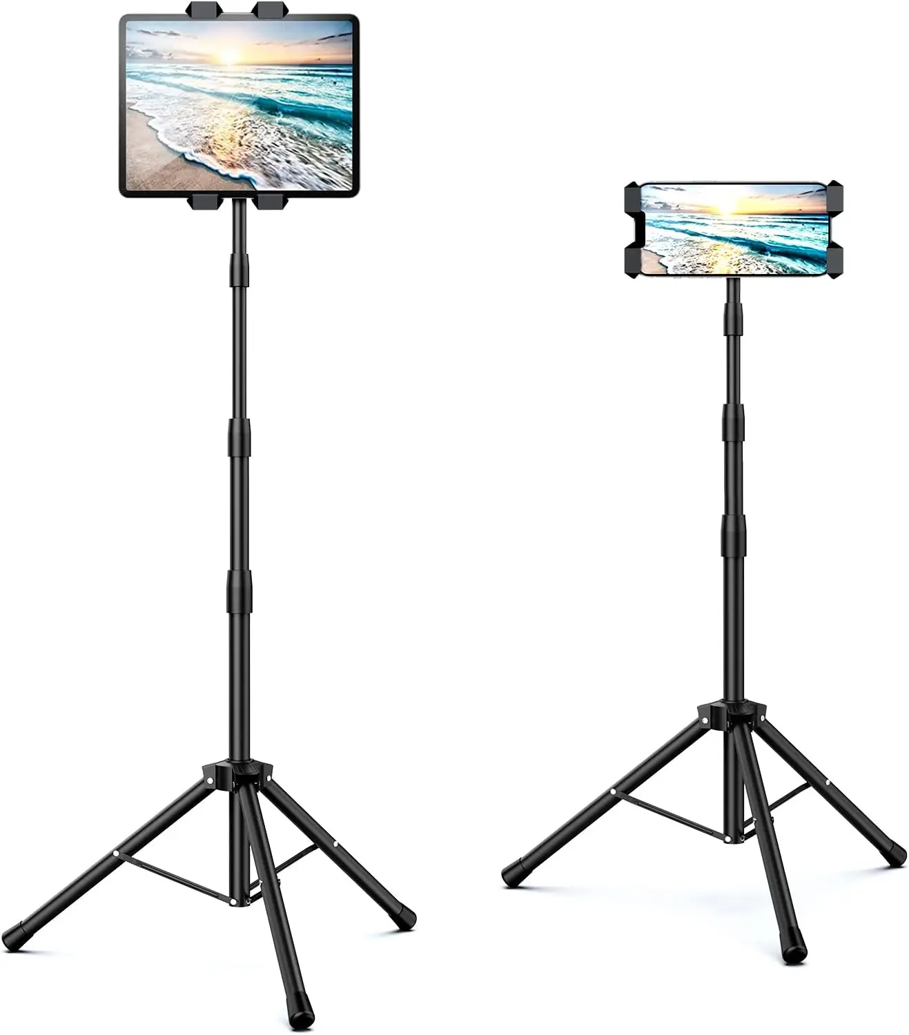 Trípode para tableta ajustable en altura, soporte de montaje giratorio 360 grados y soporte de suelo para dispositivos de 5-12,9 pulgadas