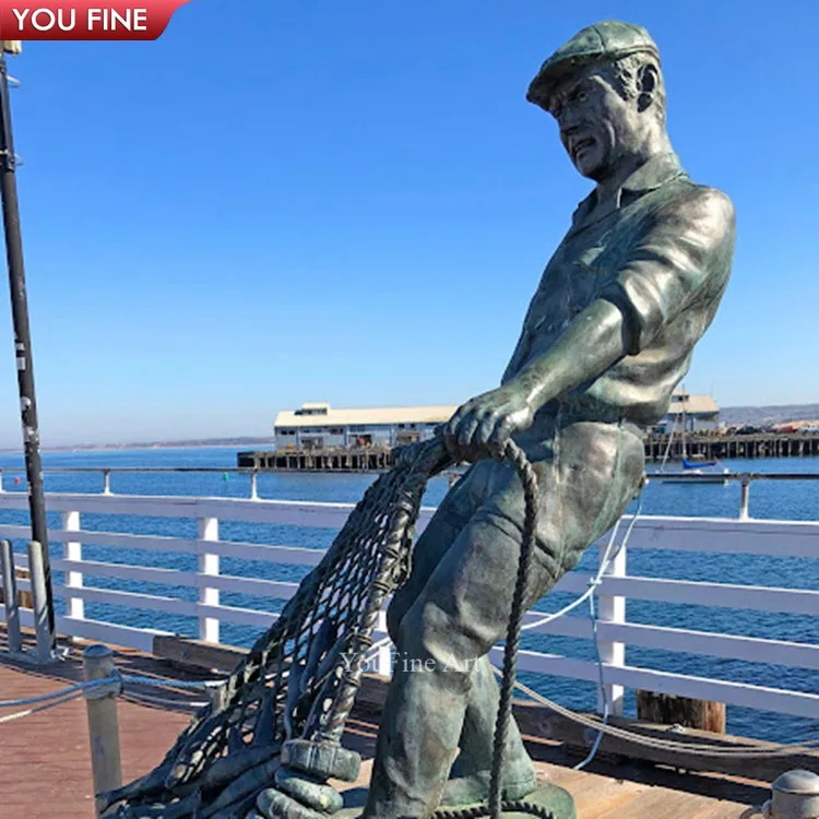 bronze fisher with net Outdoor Beach Modern Life Size Copper Brass Fishing Net Bronze Fisherman  Sculpture