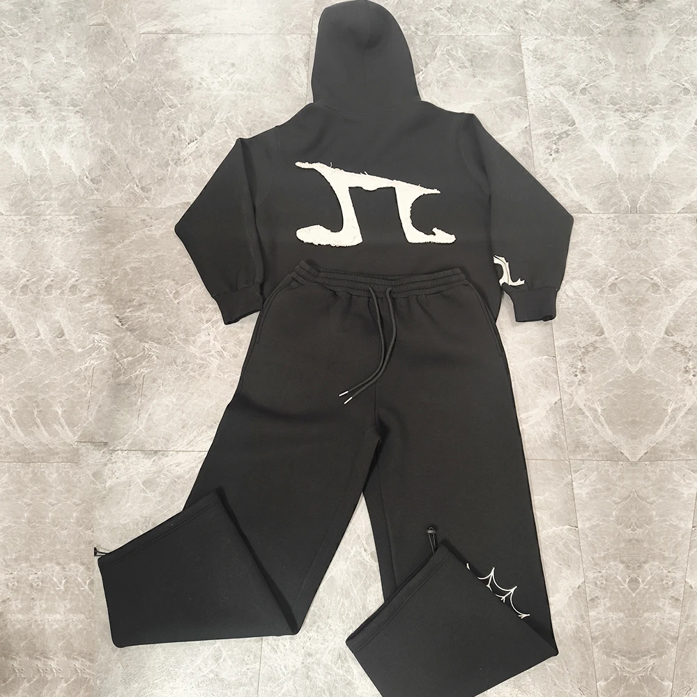 Wholesale Acid Wash Sun Faded Flared Sweatsuit Hoodie Sweatpants Set for Men Custom Applique Patch Embroidery Jogger Tracksuits