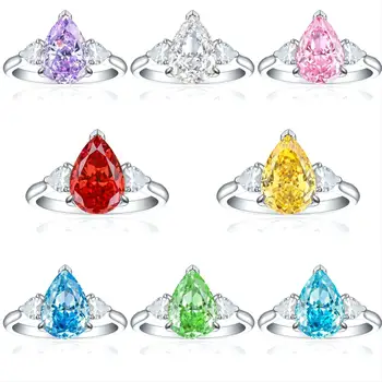 S925 Sterling silver 4ct fireworks ice cut water drop shape color Zircon ring