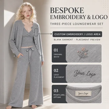 Womens Padded V Neck Camisole Long Sleeve Cardigan High Rise Elastic Waist Pants Three Piece Lounge Set