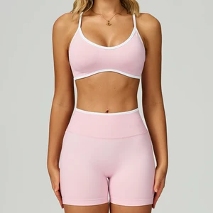 Custom Logo Workout Gym Fitness Set Breathable Beauty Back Sports Bra High Waisted Yoga Shorts with Contrasting Colors