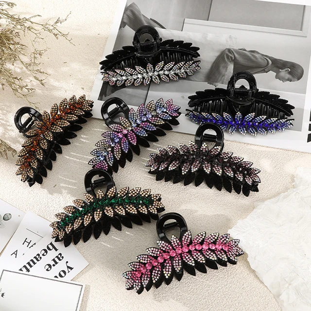 Retro Ethnic Style Fashion Colored Hair Clips New High-end Rhinestone Glitter Hair Claw Multicolored Leaves Shaped Hair Clip ODM