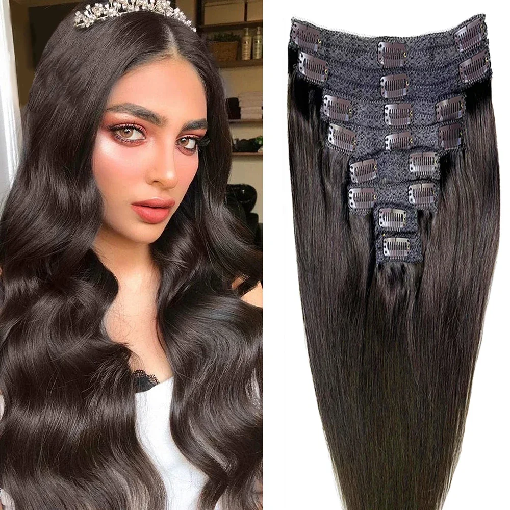 Clip-in-Haarverlängerungen aus glattem Echthaar, Farbe Nr. 2, 8 Stück mit 18 Clips, 100 % brasilianisches Echthaar, 120 g, für Frauen_voghion.com