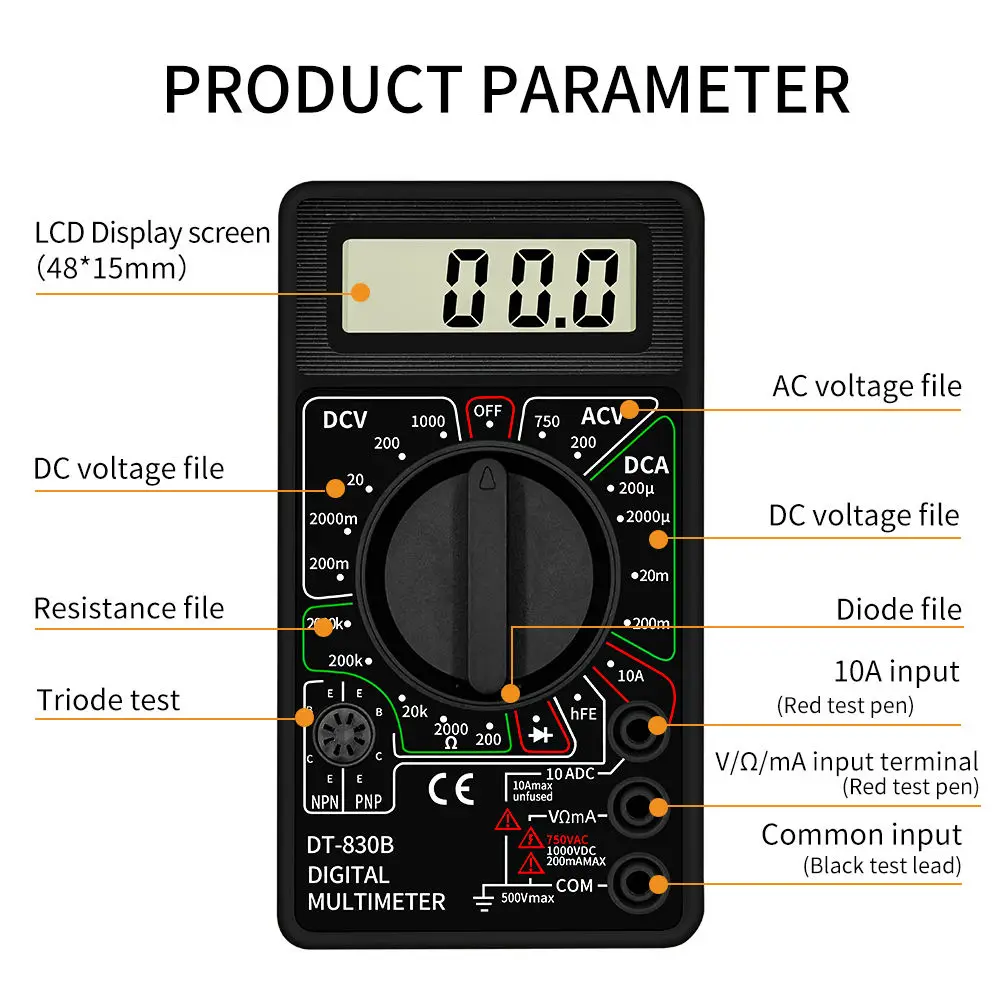 DT830B AC/DC LCD Digital Multimeter 750/1000V Voltmeter Ammeter Ohm Tester High Safety Handheld Meter Digital Multimeter DT-830B