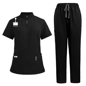 V Neck Zipper Scrub Top and Jogger Leg Pants Set Professional Manicurist Spa Uniform Scrubs Nursing Uniform Medical Scrub