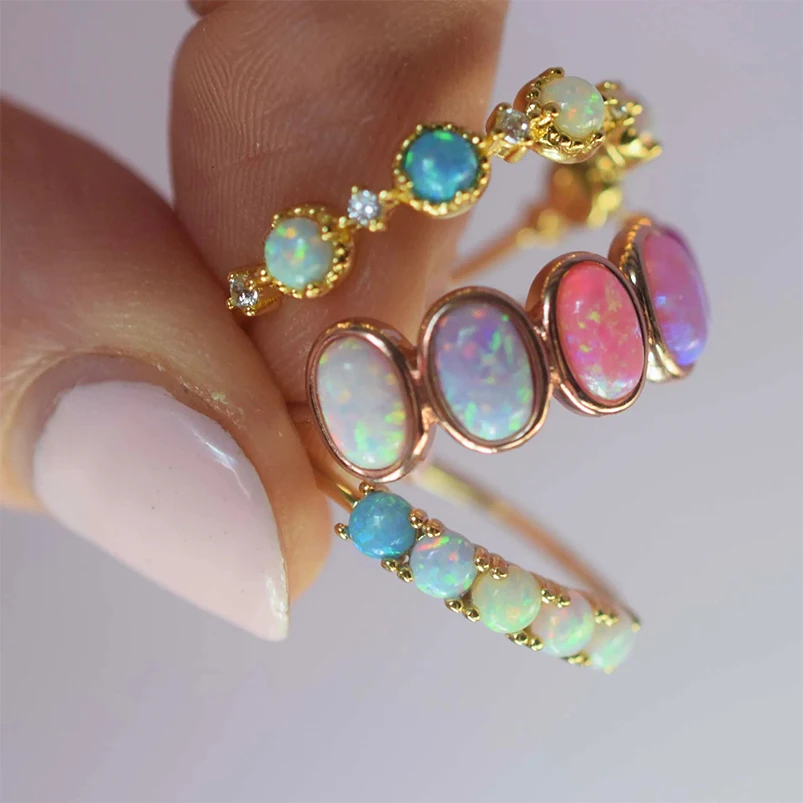 Gemnel Oval Opal Ombre Candy Band 18K Gold Plated 925 Sterling Silver Rings Women Custom Fine Jewelry