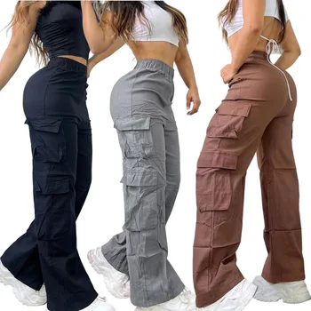 XE8368 Women's Casual Simple Trend Multi-Pocket Overalls Solid Color Elastic Waist Flat Style-3 Colors Stock for Europe United