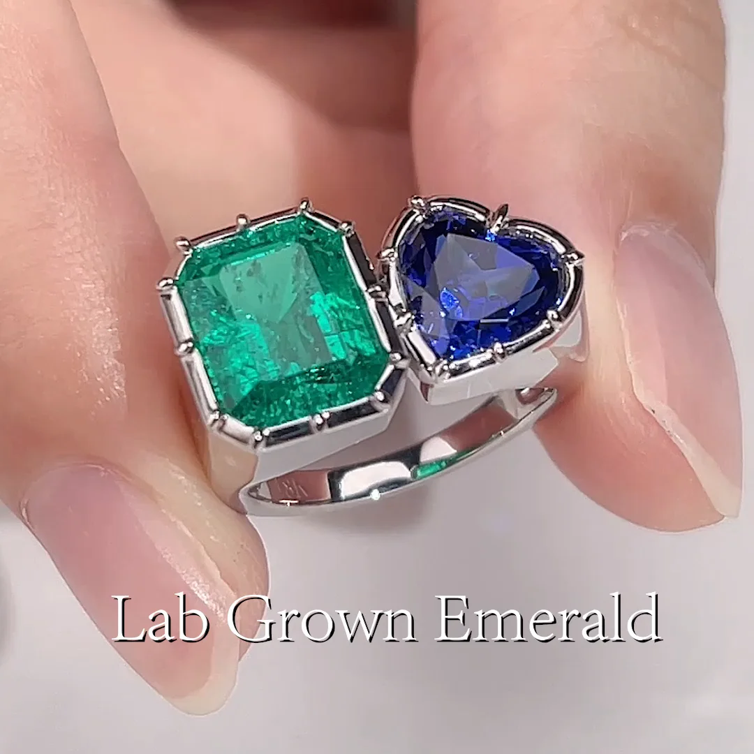 18K Lab Emerald and Sapphire Ring Wedding Diamond Engagement