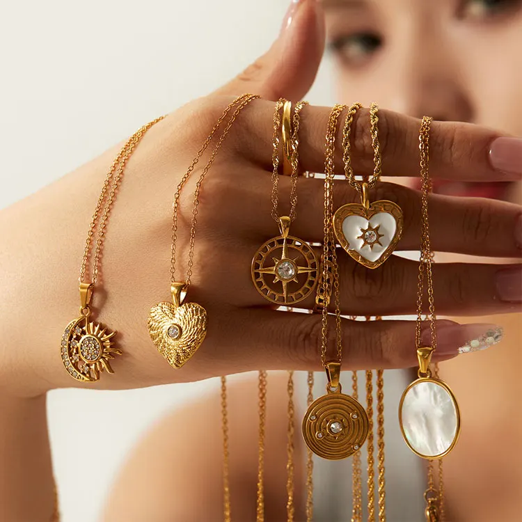 SC High Quality Waterproof Gold Stainless Steel Necklace Multitype Retro Shell Zircon Angel Sun Moon Coin Heart Pendant Necklace