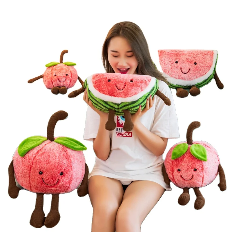 Cute Short Super Soft Plush Simulation Watermelons and Cherries Cotton Stuffed Fruit Girl Pillow Claw Machine Acarde Gift Doll