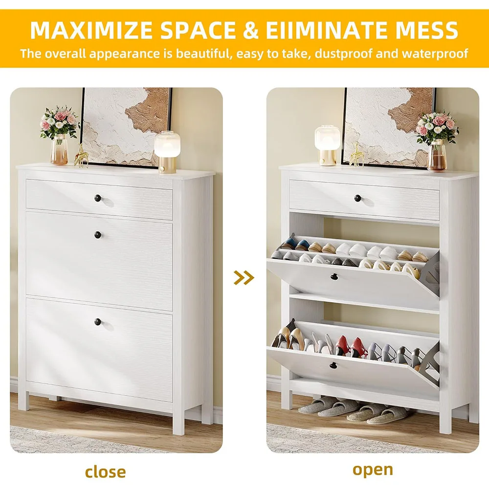 White Shoe Cabinet with 2 Flip Drawer,slim Shoe Storage Cabinet With Metal Flip Frame - Adjustable or Removable Hidden Shoe Rack details