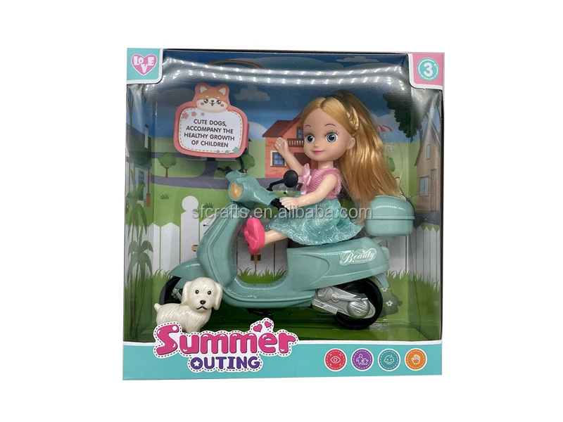 婴儿塑料迷你女孩娃娃玩具套装摩托车为孩子们假装与狗玩游戏