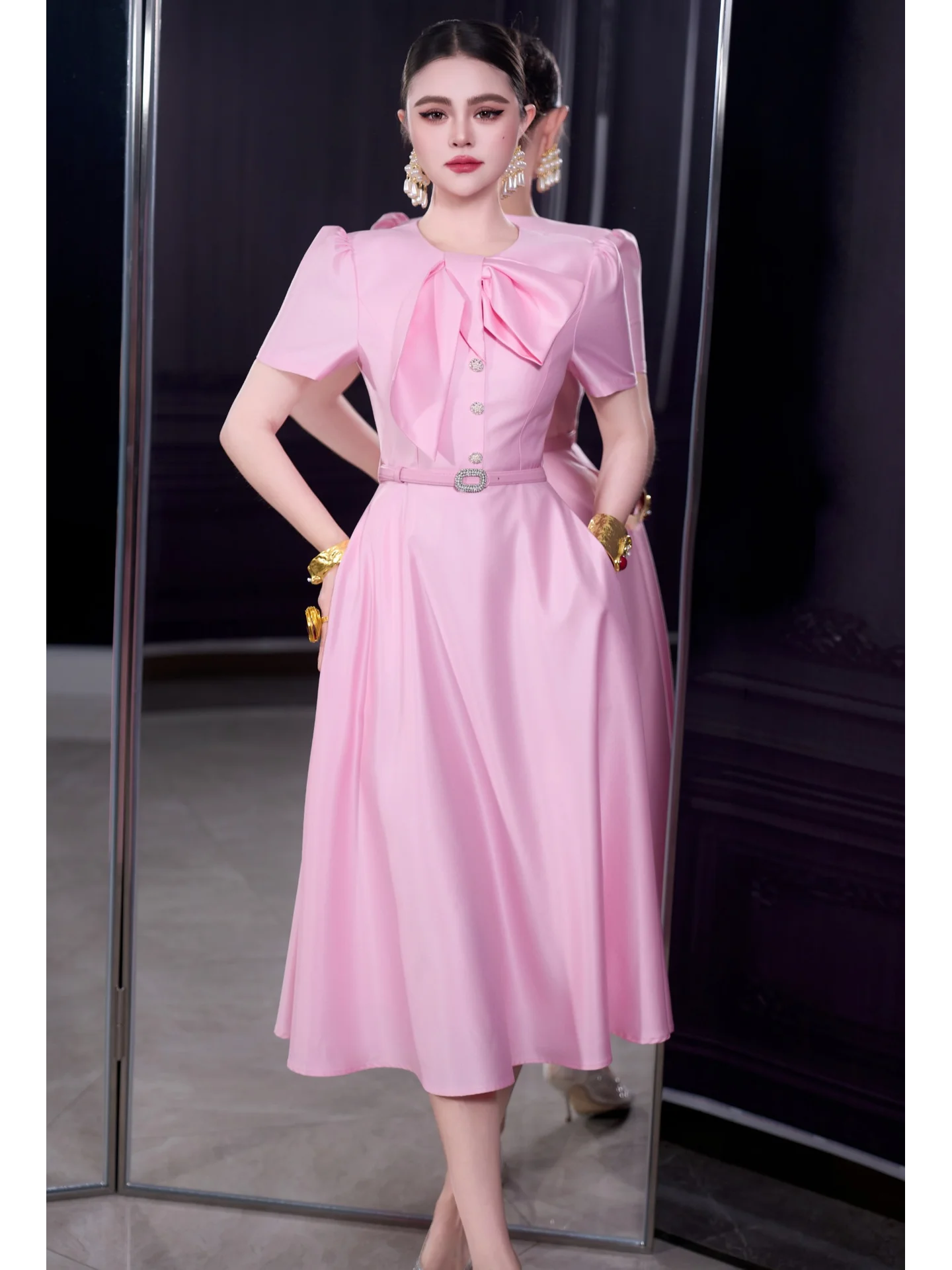 Elegant Vintage French Style Women's Dress Short Sleeve Bow Waist-controlled Mid-length Loose Fit Polyester Party Skirt