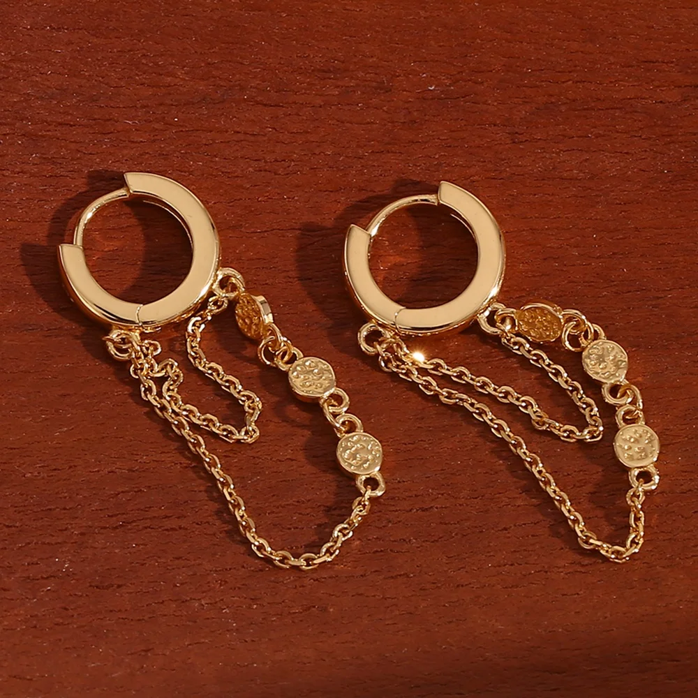 드림쇼 해머드 코인 모양 체인 링크 후프 귀걸이 14k 금도금 925 스털링 실버 태슬 귀걸이