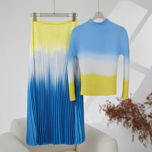 Miyake Women's High Quality Pleated Suit Fashionable A-Line Skirt Elastic Gradient Top Casual Two-Piece Set With Print Fabric