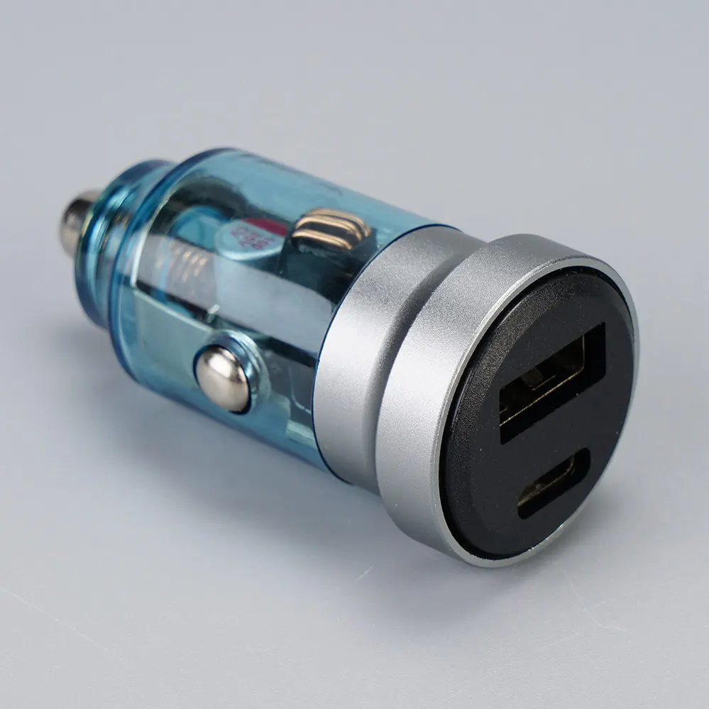  1 USB-A + 1 USB Type-C Transparent Blue Car charger DC12V-24V 3061