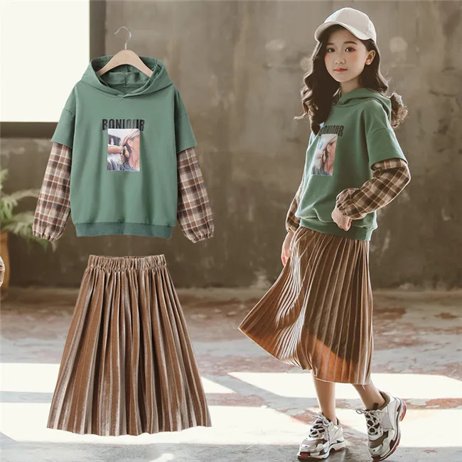 se5262秋季儿童服装女孩衣服连帽衫套头衫和短裙两件套.