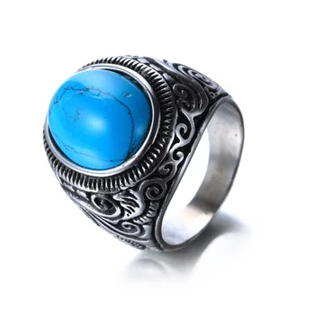 High quality men jewelry vintage titanium turquoise stone black blue stone inlay rings