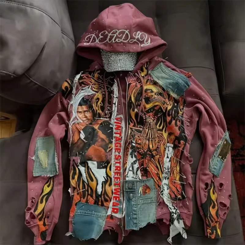 SALATI Custom Graffiti Embroidered Print Graphic Heavyweight 100% Cotton Ripped Distressed Rhinestone Zipper Hoodie Streetwear gallery 2