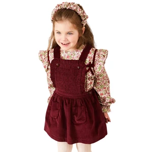 Custom ODM Solid Vintage Burgundy Corduroy Button Jumper for Girls Children's Winter Dress with Two Pockets
