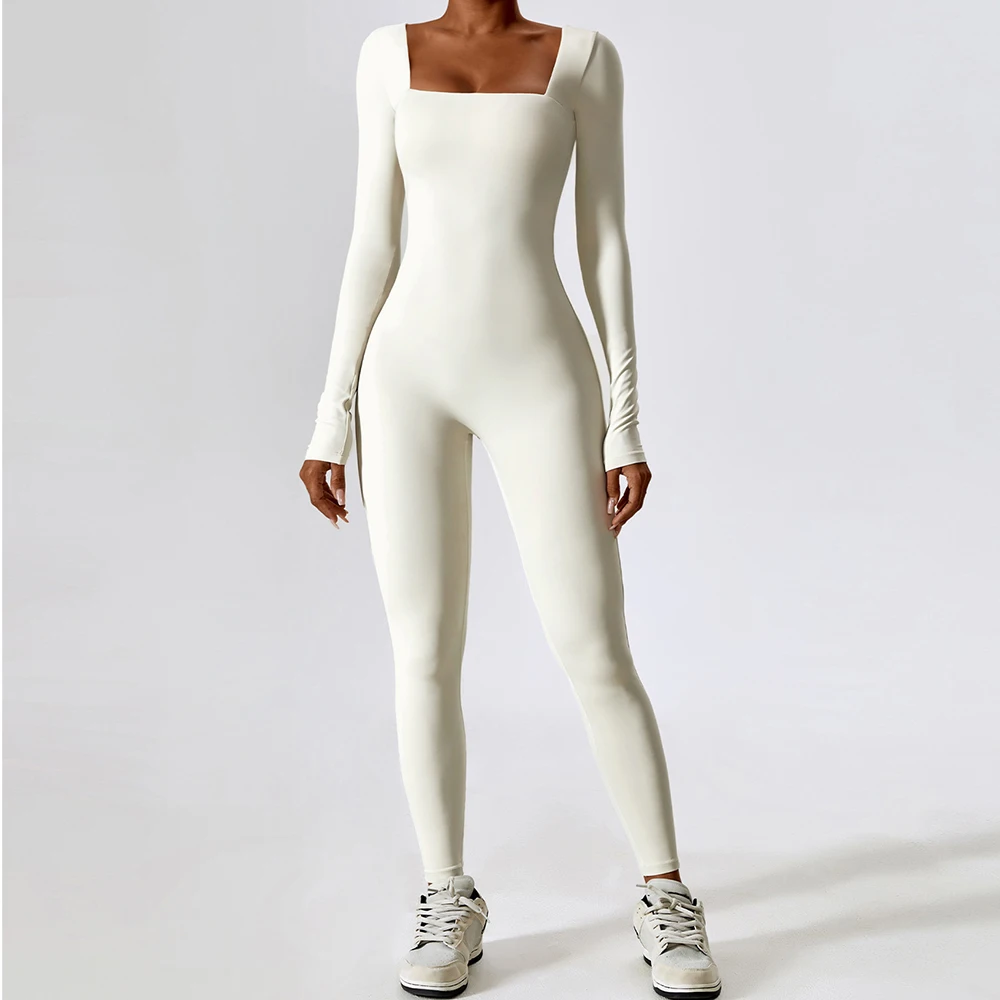 Custom Fitness Rompers Sexy Workout Wear Bodysuit One Piece Jumpsuits Long Sleeve Square Neck Women Gym Yoga Jumpsuit