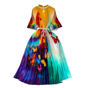 Customize Fashionable Vintage Maxi Summer Woven Breathable Washable Pleated Short Sleeved Standing Collar A-line Dress