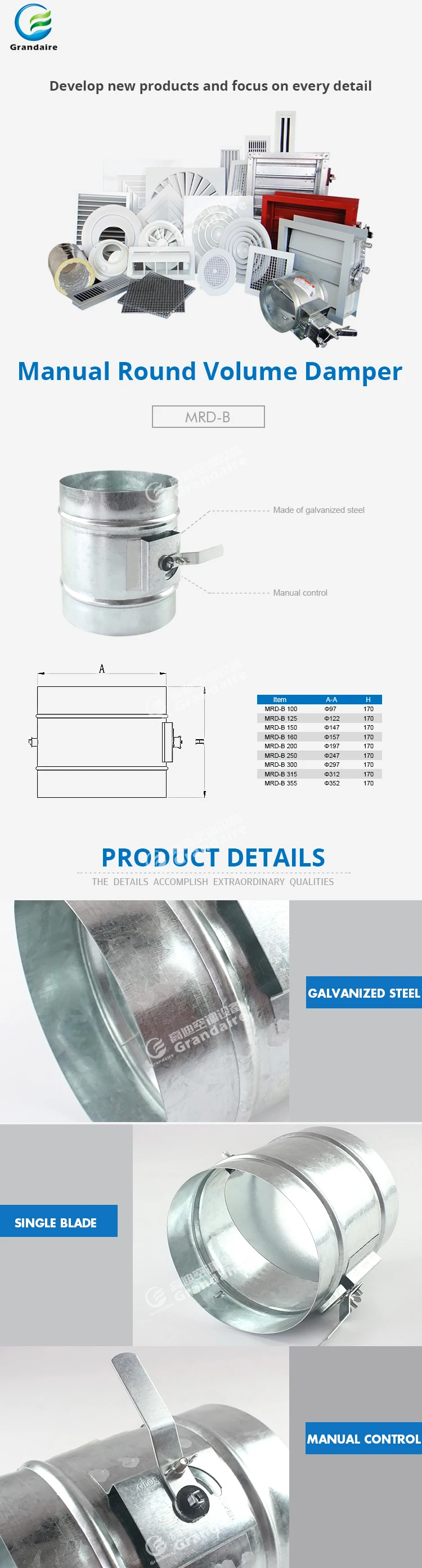 Air Conditioning Galvanised Steel Single Blade Manual Adjustable Round Air Volume Control Duct
