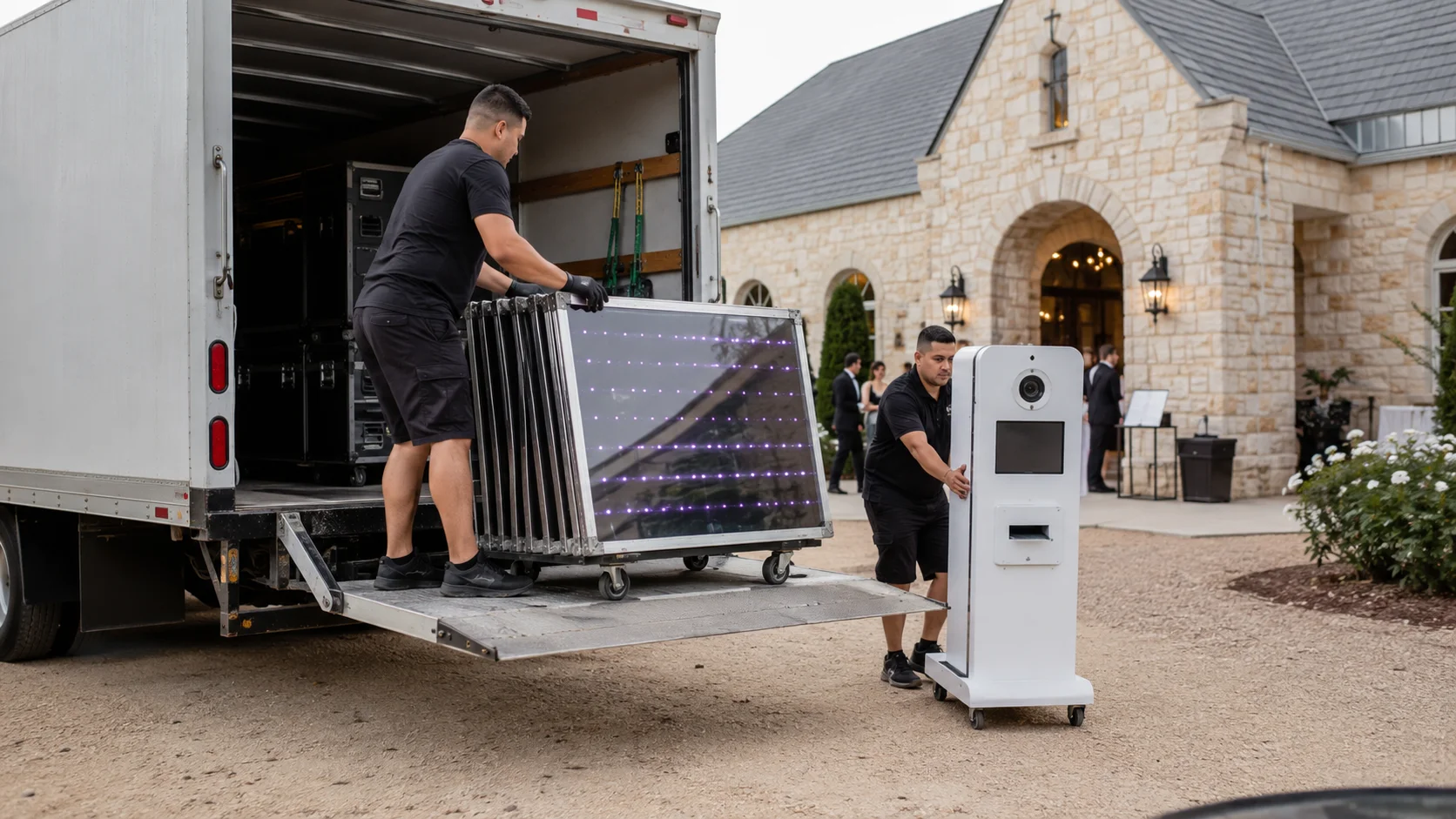 A single crew unloading an LED dance floor and a photo booth from one truck at a wedding venue