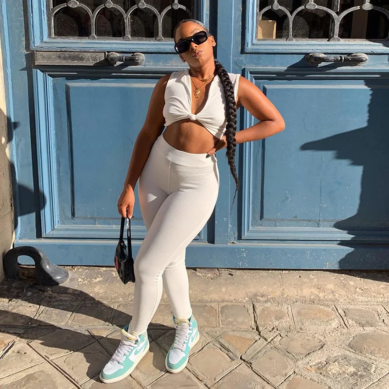 Two Piece Set Sexy Tie Front Crop Top 