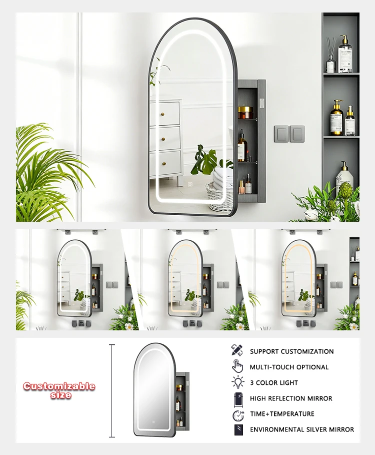 product arch mirror shaving cabinet ip66 aluminum alloy lighted medicine cabinet makeup mirror bathroom cabinet for hotel and apartment-4