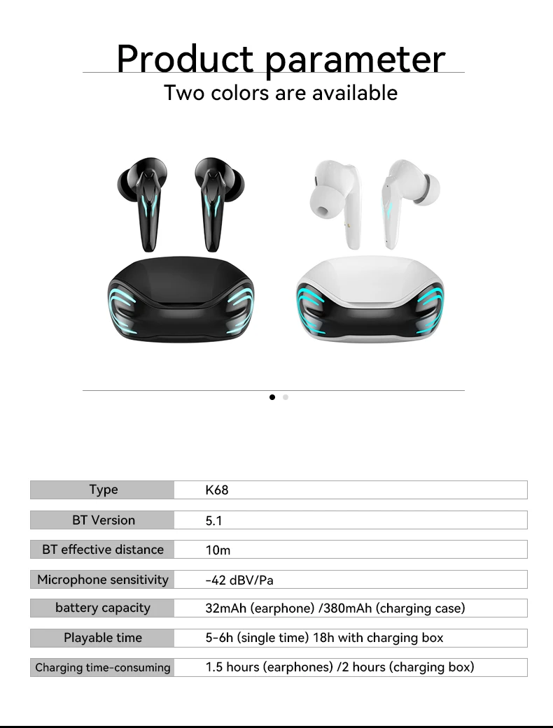 K68 Gaming Bluetooth Earphone Stereo Sound Long Playing Time Larger Battery  Capacity - China Earbuds and Wireless Earbuds price | Made-in-China.com